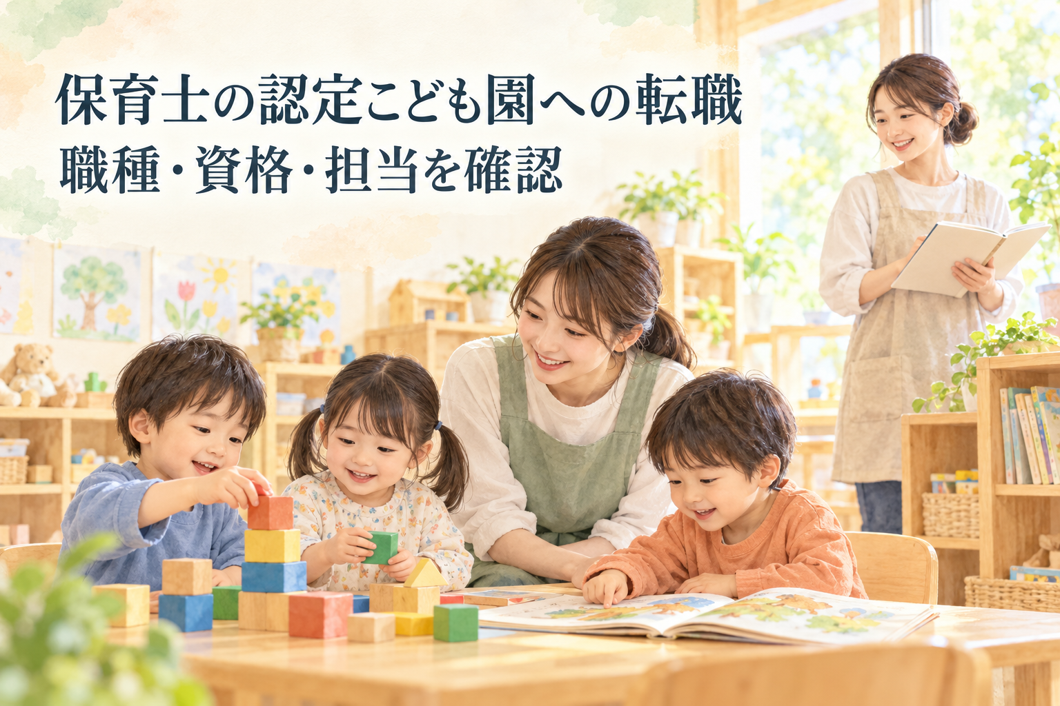 「保育士の認定こども園への転職」「職種・資格・担当を確認」の文字と、積み木や絵本で遊ぶ幼児、関わる職員とノートを持つ職員を描いた水彩イラスト