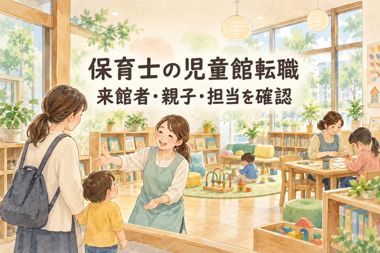 「保育士の児童館転職」「来館者・親子・担当を確認」の文字と、遊び場で親子を迎え、工作を支援する職員の水彩イラスト