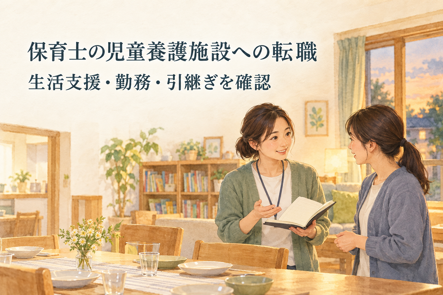 「保育士の児童養護施設への転職」「生活支援・勤務・引継ぎを確認」の文字と、食卓のある生活空間でノートを持ち話す職員2人を描いた水彩イラスト