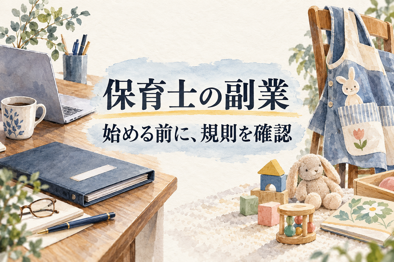 保育士の副業の見出しと、エプロン、パソコンと就業規則を表す書類