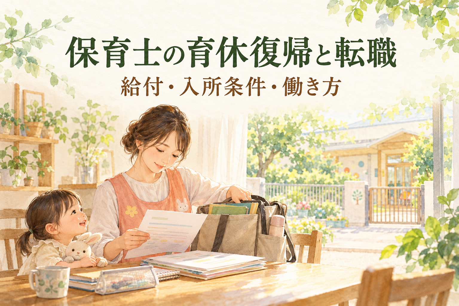 保育士の育休復帰と転職に向け、子どものそばで書類と通勤バッグを準備する人の水彩イラスト