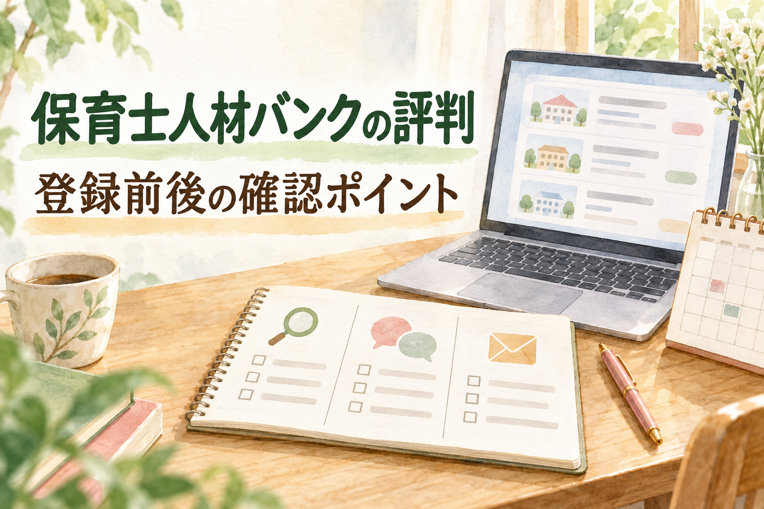 保育士人材バンク 評判の確認ポイントを、公開求人一覧と相談前のメモで示すイラスト