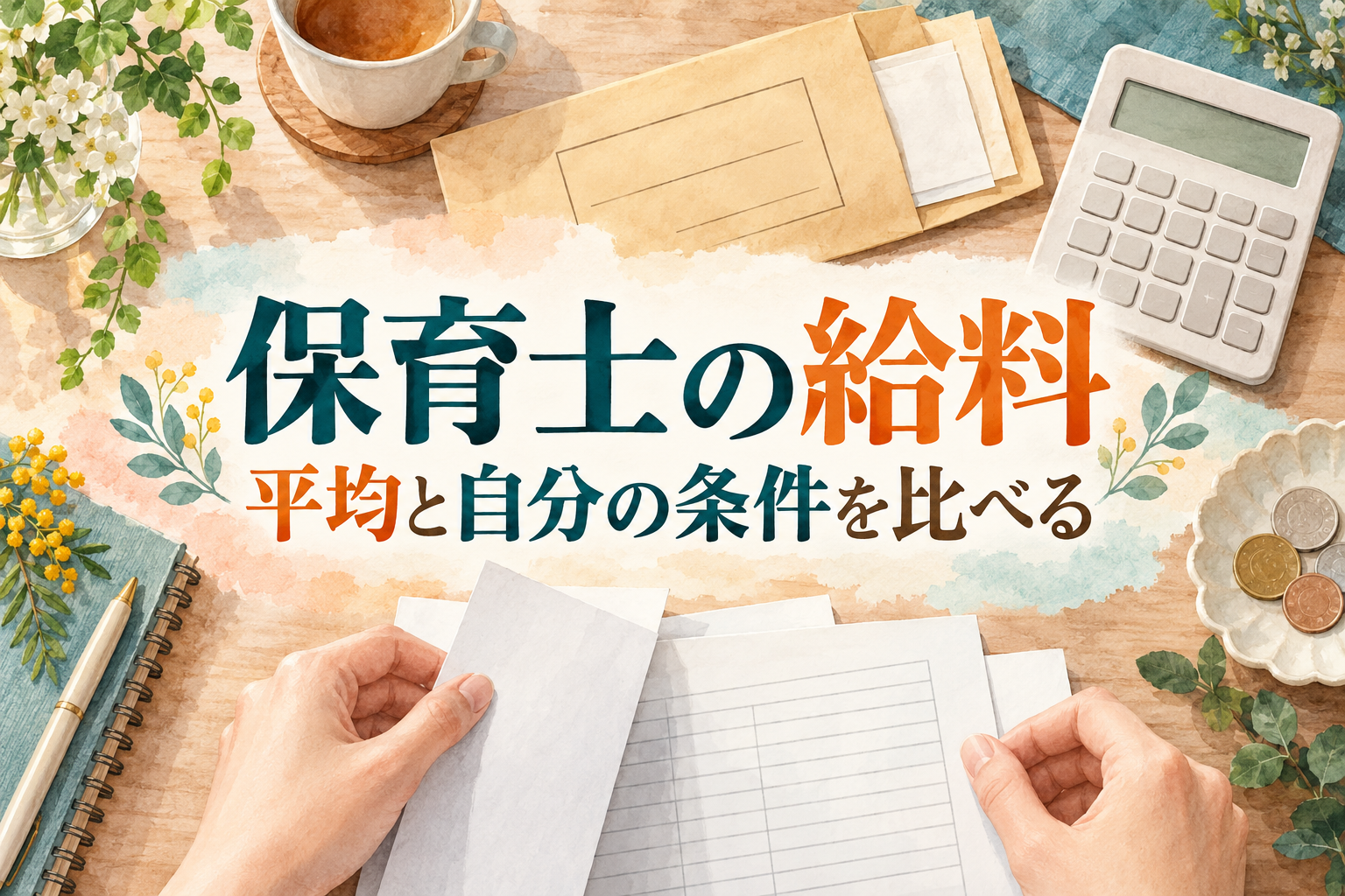 保育士の給料の見出しと、給与の封筒、明細用紙と数字のない計算機