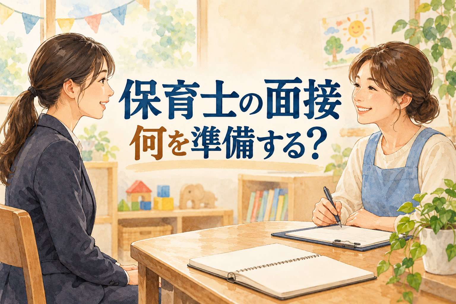 保育士の面接の見出しと、ノートを手元に置いて面接に臨む人物
