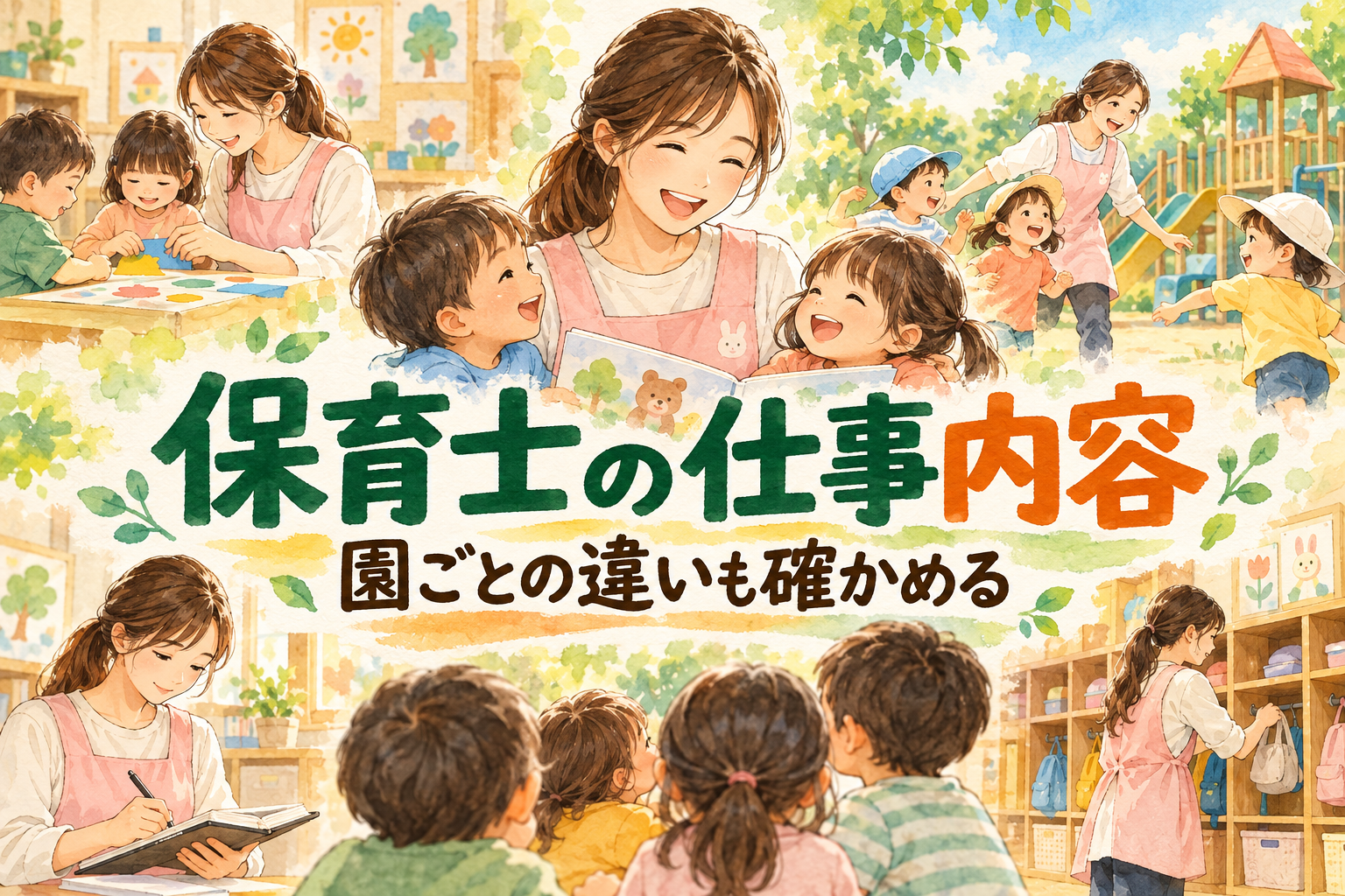 保育士の仕事内容の見出しと、読み聞かせ、記録、制作や外遊びの場面