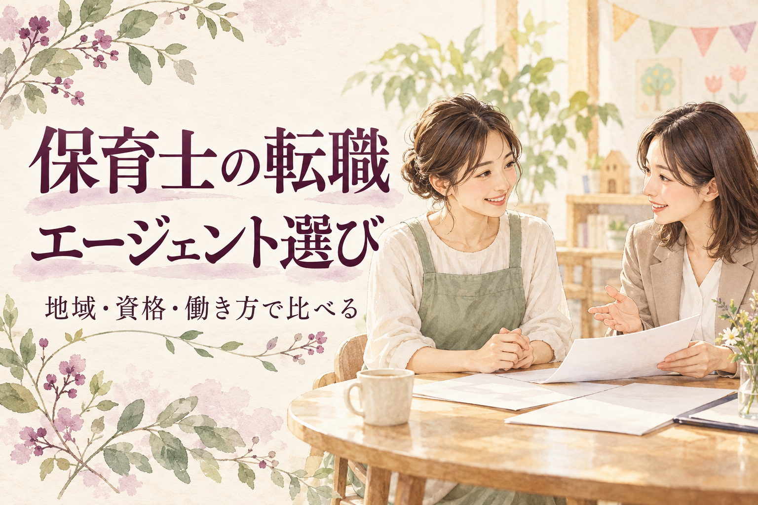 保育士の転職エージェント選びの見出しと、書類を広げて相談する保育士と相談員