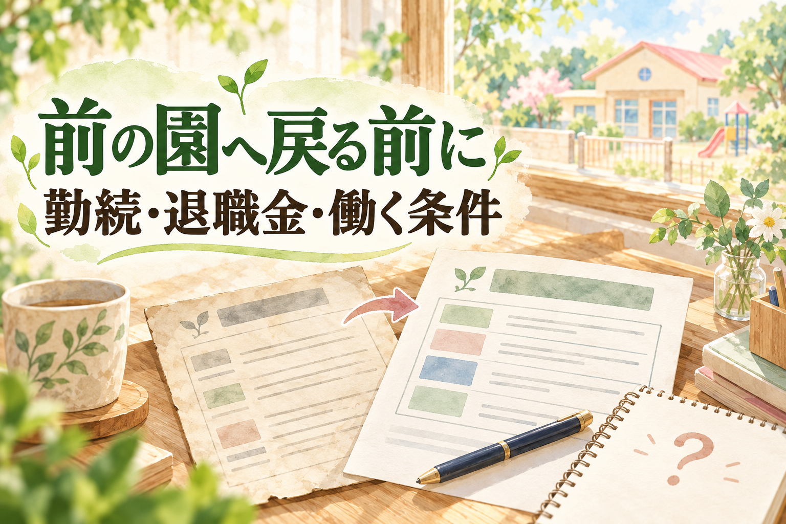 保育士の転職で出戻りする前に、勤続・退職金・働く条件を二つの書類で確かめる水彩イラスト