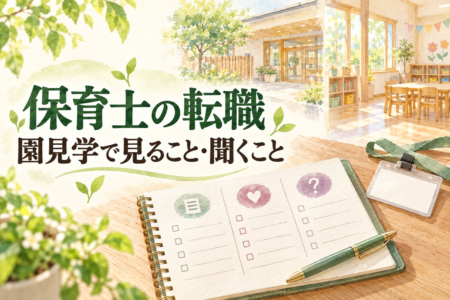 保育士の転職で園見学の質問と観察項目を記録するチェック表、園舎の入口と保育室のイラスト