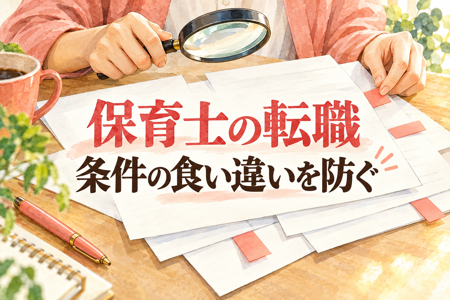 保育士の転職で失敗を防ぐ見出しと、複数の書類を虫眼鏡で照合する手元