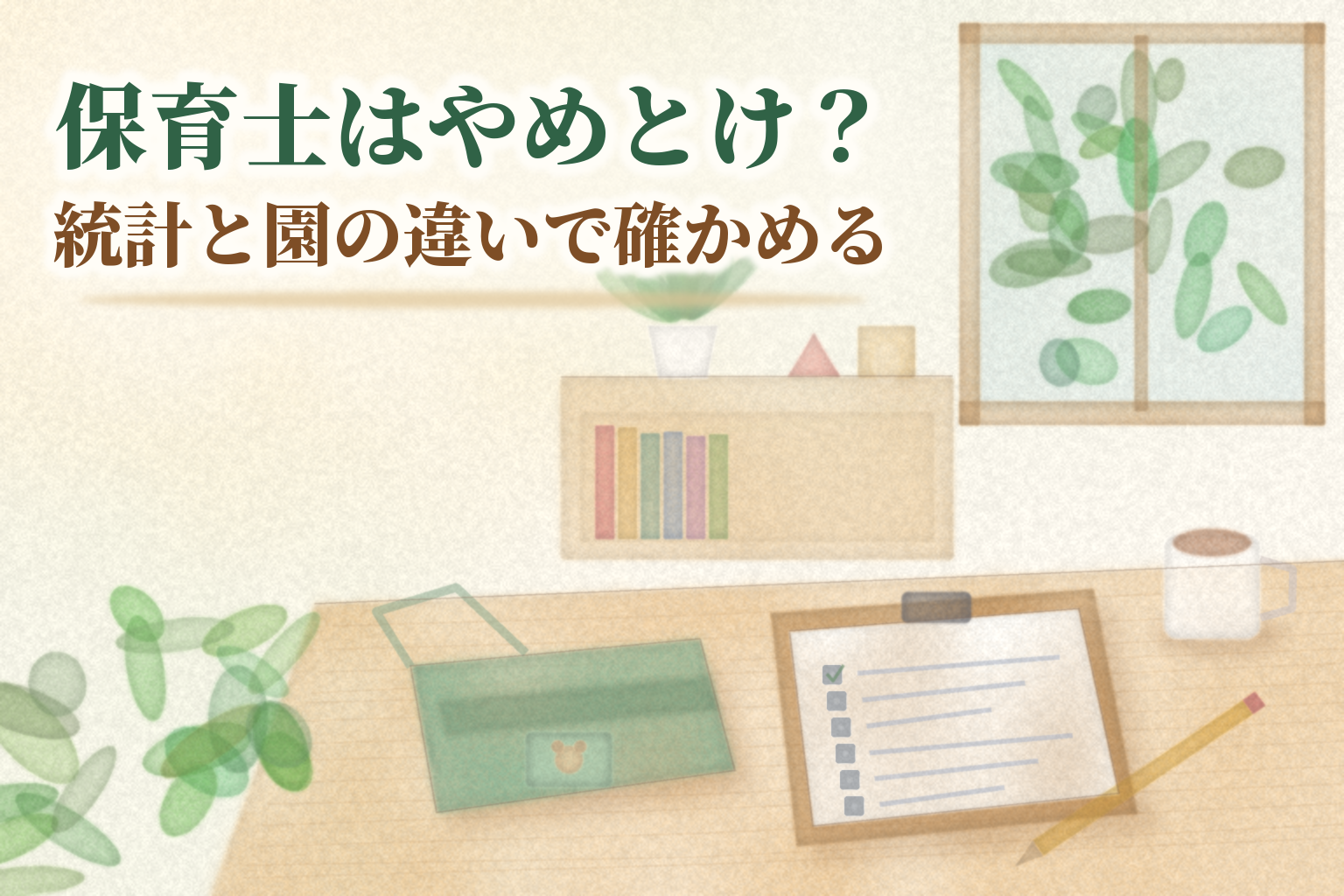 保育士はやめとけ？の見出しと、机の上のたたんだエプロン、チェック用紙をはさんだクリップボード、鉛筆、棚の絵本を描いた水彩風のイラスト