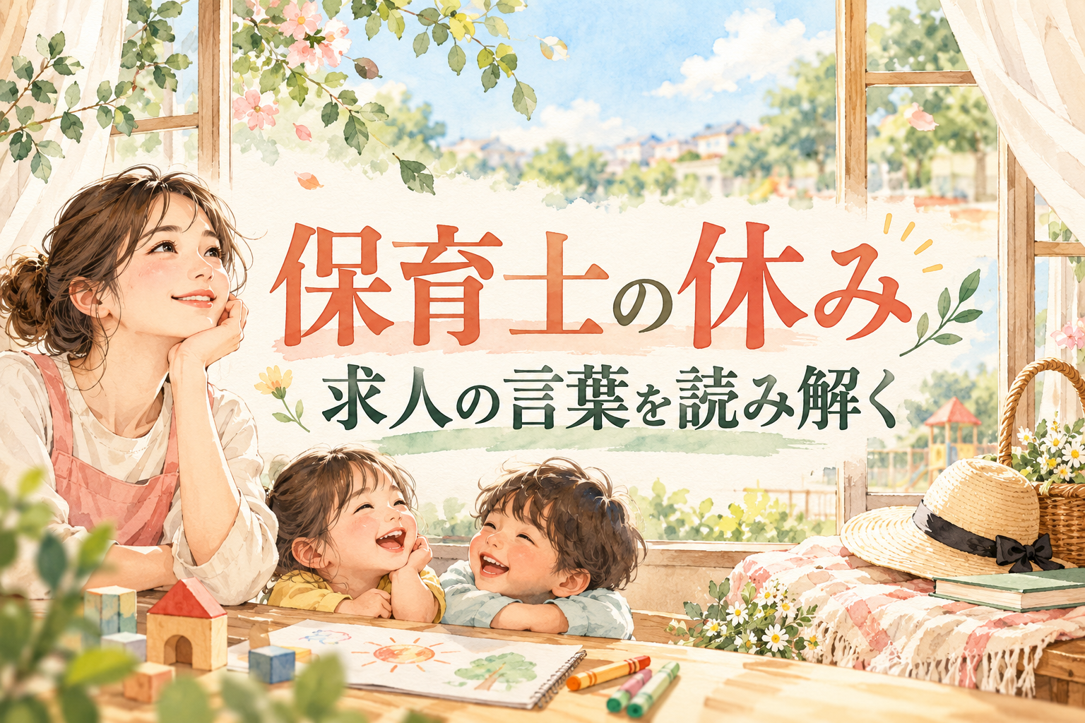 保育士の休みの見出しと、窓辺の人物や子ども、帽子とバスケット
