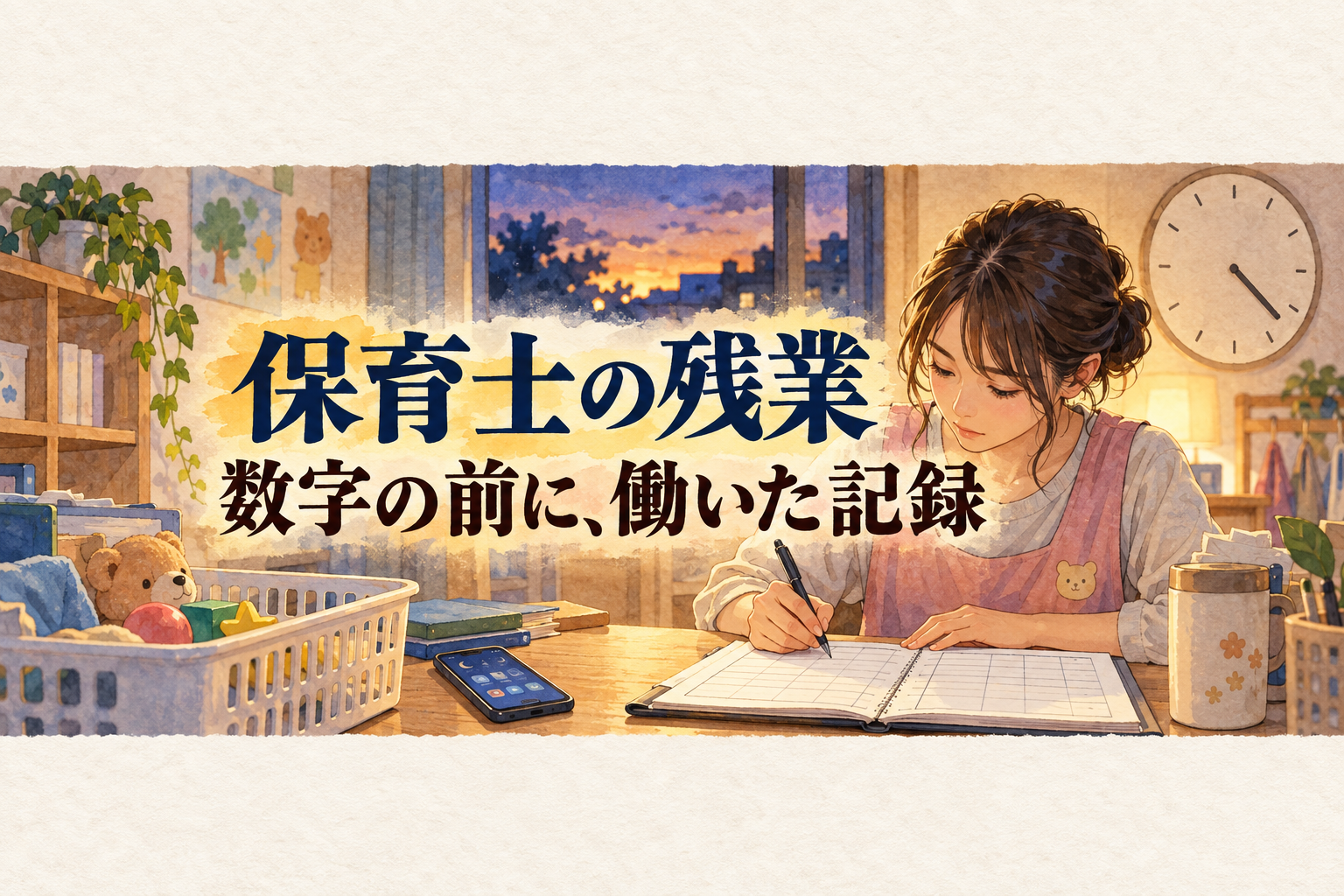 保育士の残業の見出しと、数字のない時計を横に勤務の記録を書く人物