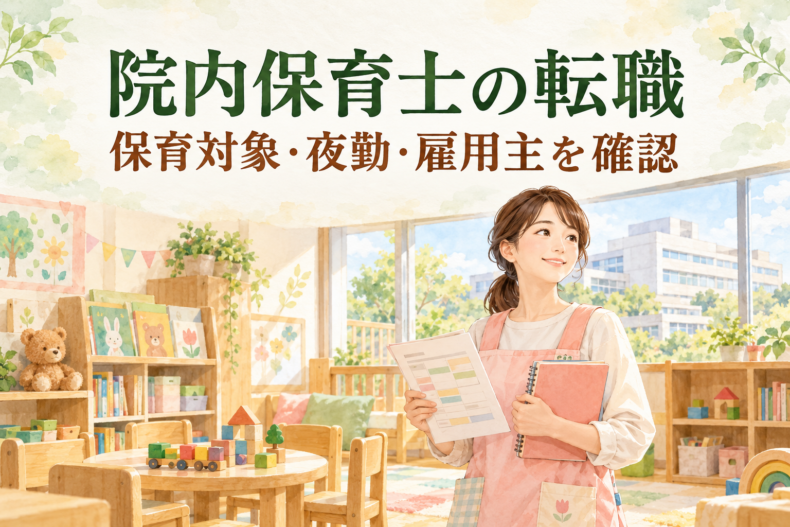 「院内保育士の転職」「保育対象・夜勤・雇用主を確認」の文字と、勤務表とノートを持つ保育職、窓外の病院を描いた水彩イラスト