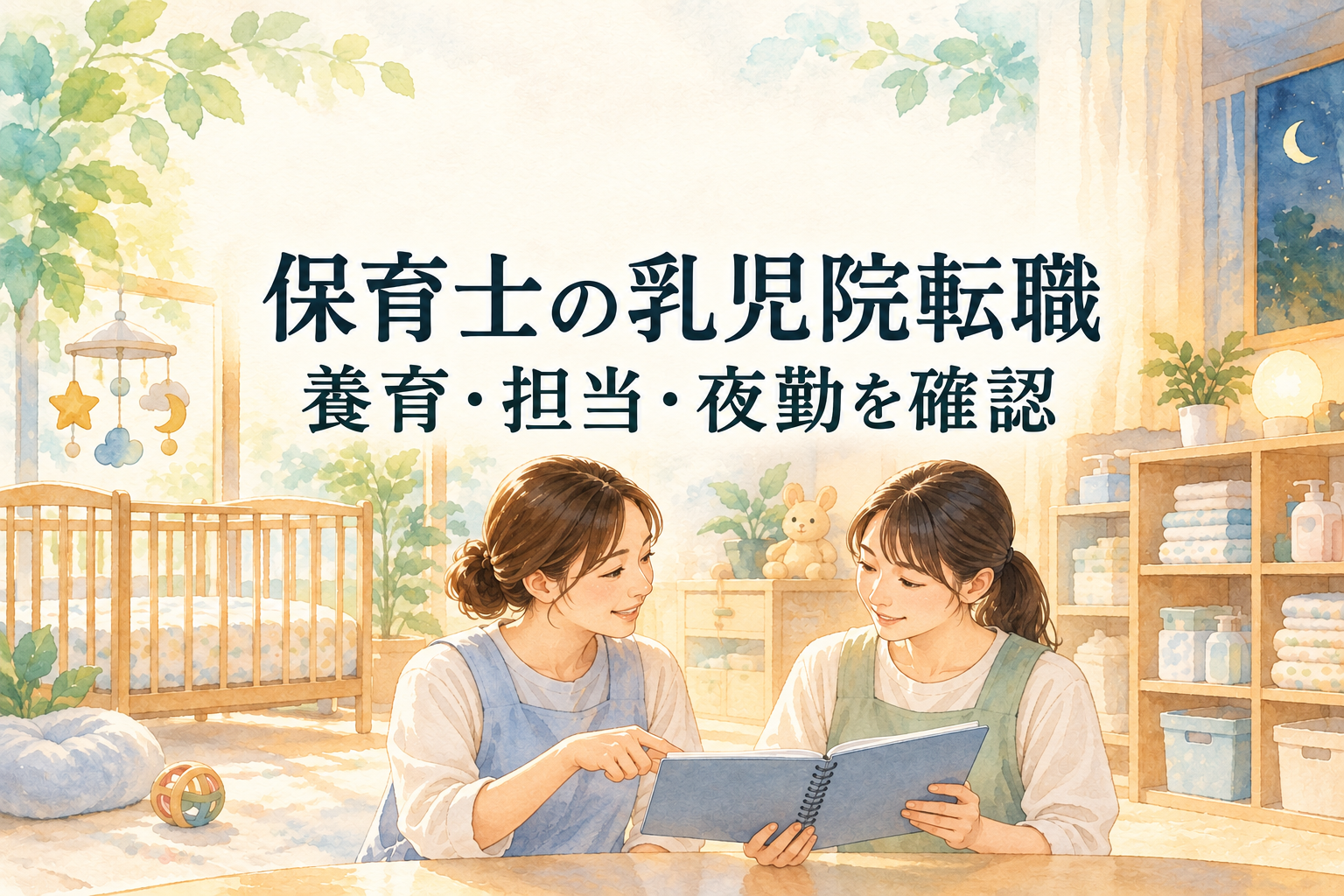 「保育士の乳児院転職」「養育・担当・夜勤を確認」の文字と、乳幼児の生活空間で記録を共有する2人の職員の水彩イラスト