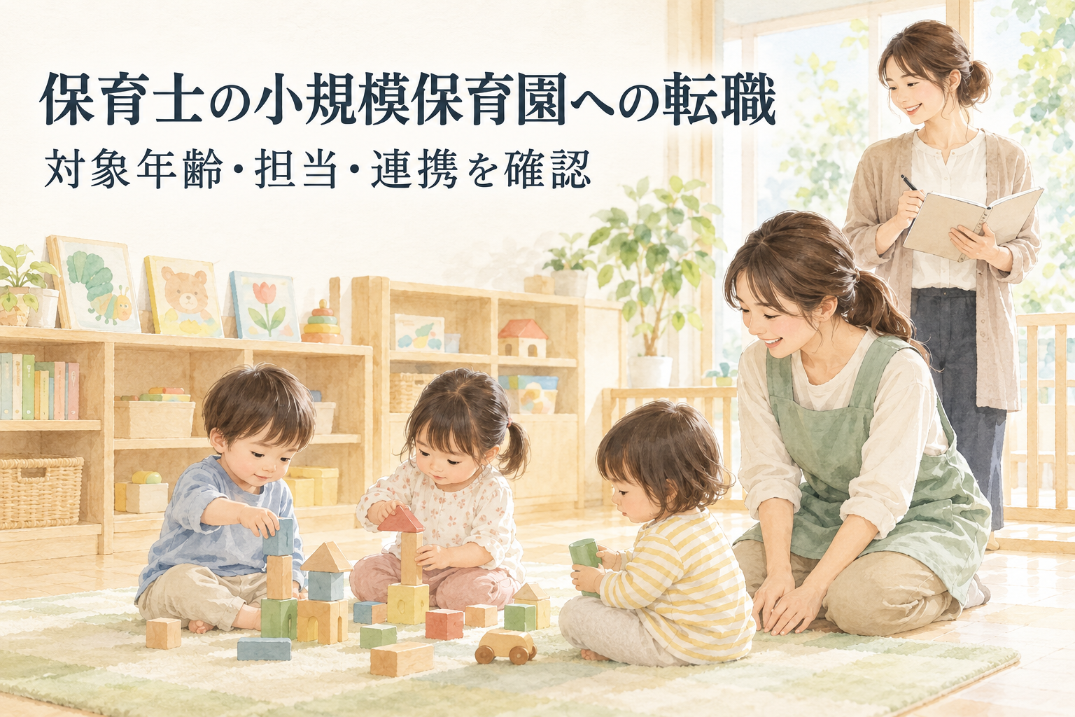 「保育士の小規模保育園への転職」「対象年齢・担当・連携を確認」の文字と、積み木で遊ぶ子ども、保育職、ノートを持つ職員を描く水彩イラスト